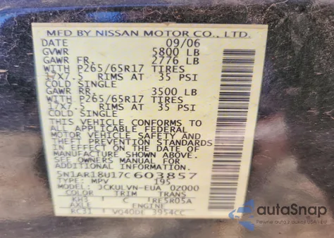 2007 Nissan Pathfinder Le z USA, uszkodzony, nr VIN 5N1AR18U17C603857